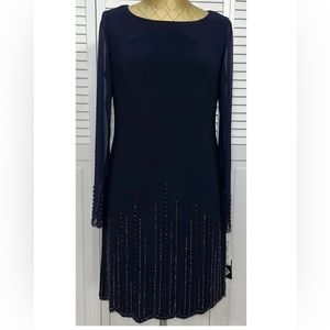 Xscape Navy dress sheer long sleeves pewter beads on sleeves/hem size 4